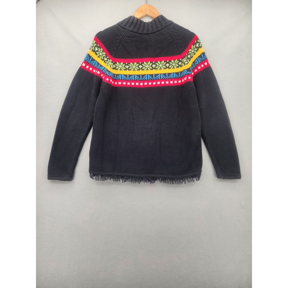 Hanna Andersson Fair Isle Fringe Sweater Charcoal Gray Neon Cotton Knit Medium - Picture 6 of 12